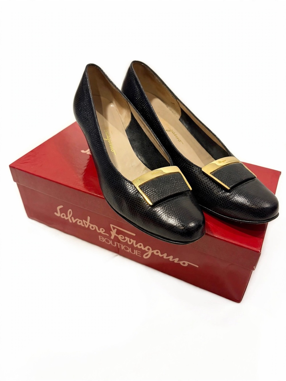 Salvatore Ferragamo Black Leather Pumps with Gold Buckle AAA